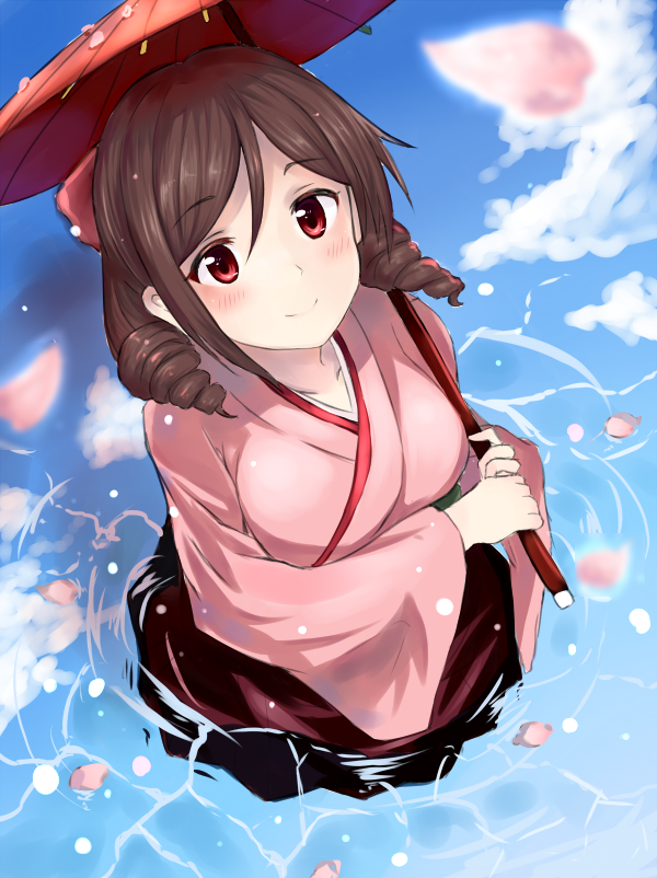 1girl blue_sky blush brown_hair clouds cloudy_sky day destroyer drill_hair eyebrows_visible_through_hair from_above hair_between_eyes harukaze_(kantai_collection) holding holding_umbrella japanese_clothes kantai_collection kimono long_sleeves looking_up meiji_schoolgirl_uniform military military_vehicle nagiha_kuten oriental_umbrella outdoors partially_submerged petals petals_on_water pink_kimono red_eyes reflection ringlets ship sky smile solo umbrella wading warship watercraft wide_sleeves