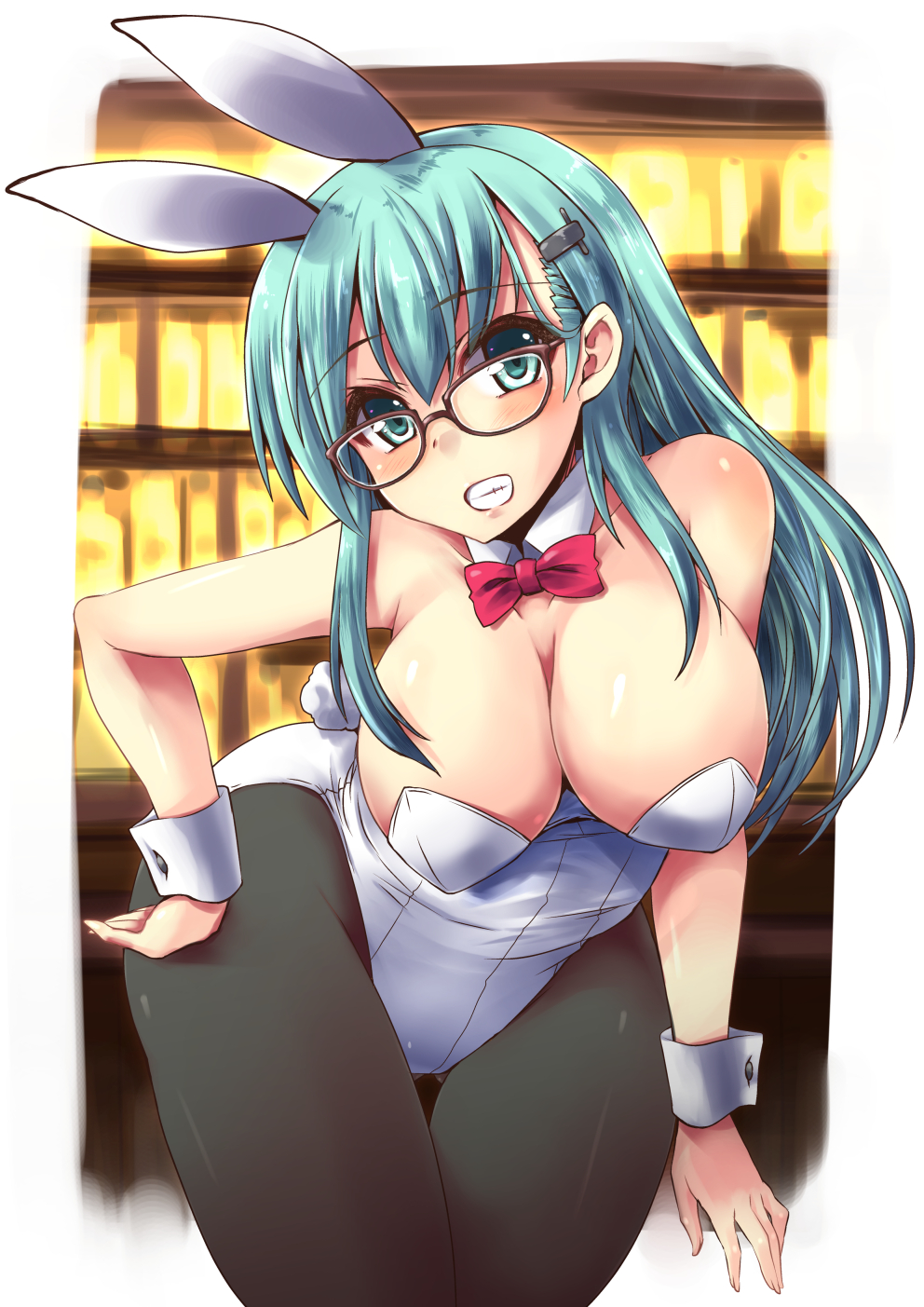 1girl animal_ears aqua_eyes aqua_hair bare_shoulders bespectacled black_legwear blush bow bowtie breasts brown-framed_eyewear bunny_tail bunnysuit cleavage curvy detached_collar fake_animal_ears glasses grin hair_ornament hairclip hand_on_hip highres kantai_collection large_breasts leaning_forward leotard long_hair looking_at_viewer pantyhose playboy_bunny_leotard rabbit_ears shinshin smile solo suzuya_(kantai_collection) tail thigh_gap white_leotard wide_hips wrist_cuffs