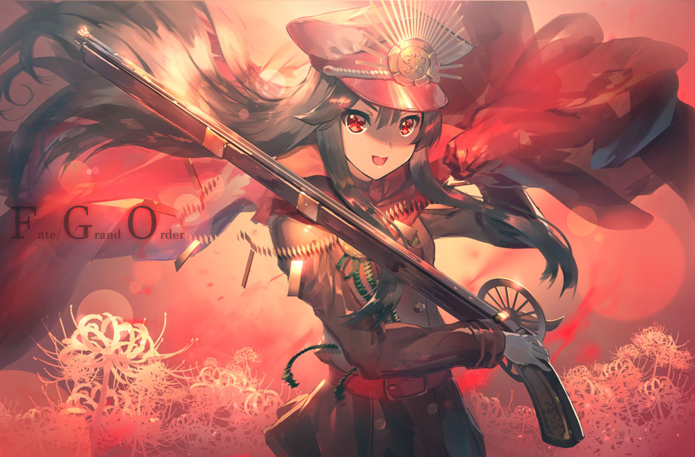 1girl aguy belt black_hair cape copyright_name demon_archer fate/grand_order fate_(series) gradient gradient_background hair_between_eyes hair_over_shoulder hat long_hair looking_at_viewer military military_uniform oda_nobunaga open_mouth peaked_cap red_background red_eyes sidelocks uniform upper_body weapon