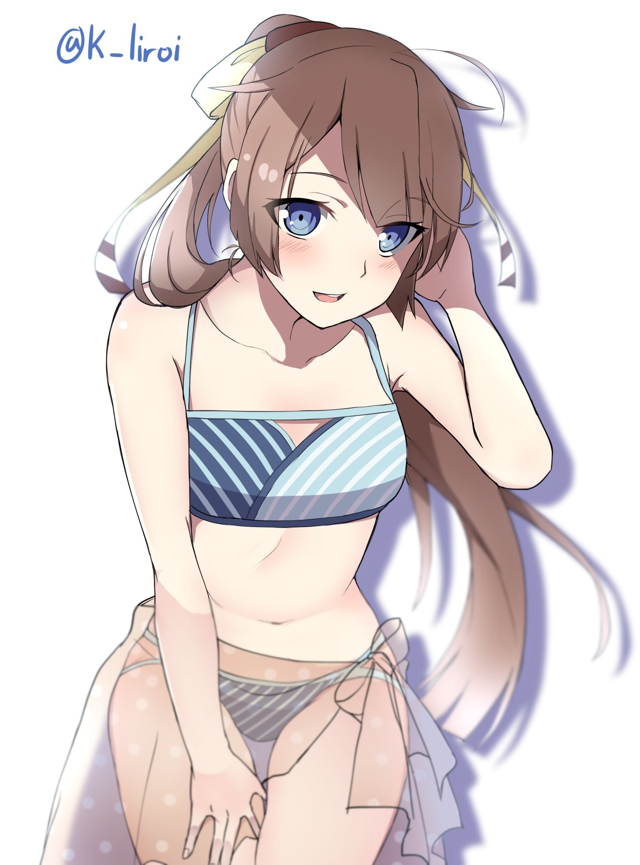 1girl blue_eyes breasts eyebrows_visible_through_hair highres kagari_leroy kantai_collection kazagumo_(kantai_collection) looking_at_viewer multicolored multicolored_clothes multicolored_swimsuit open_mouth ponytail shawl simple_background small_breasts solo swimsuit twitter_username white_background