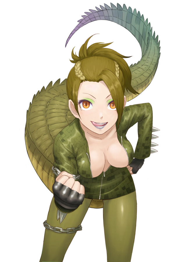 1girl braid breasts center_opening chains cleavage crocodile_tail fingerless_gloves gloves green_hair kemono_friends leaning_forward lipstick looking_at_viewer makeup medium_breasts open_mouth orange_eyes pantyhose ponytail saltwater_crocodile_(kemono_friends) shigumo_(shigeru) simple_background smile solo tail teeth tongue tongue_out upper_body white_background