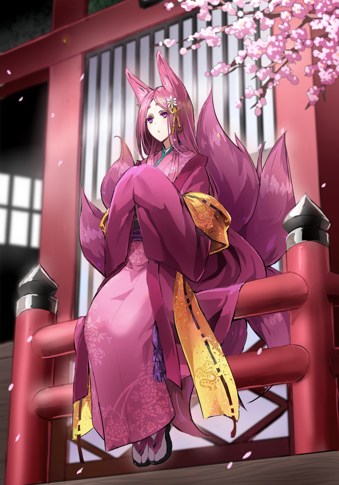 1girl :o animal_ears architecture branch cherry_blossoms day east_asian_architecture flower fox_ears fox_tail full_body geta hair_flower hair_ornament hanten_(clothes) japanese_clothes kimono kitsune long_hair long_sleeves multiple_tails original outdoors parted_lips petals pink_clothes pink_hair pink_kimono ramuya_(lamb) shawl sitting sleeves_together solo tabi tail tassel violet_eyes white_flower wide_sleeves