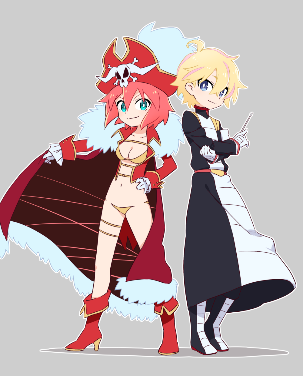 1boy 1girl alpha_omega_nova aqua_eyes back-to-back blackholian blackholian_(cosplay) blonde_hair blue_eyes boots bright_pupils cape cosplay full_body fur_trim grey_background hand_on_hip hat highres lalaco_godspeed lalaco_godspeed_(cosplay) life_fiber looking_at_viewer luluco mt.somo multicolored_hair navel pirate pirate_hat red_boots redhead revealing_clothes short_hair simple_background skull_and_crossbones smile spoilers streaked_hair thigh_strap trigger-chan uchuu_patrol_luluco uniform