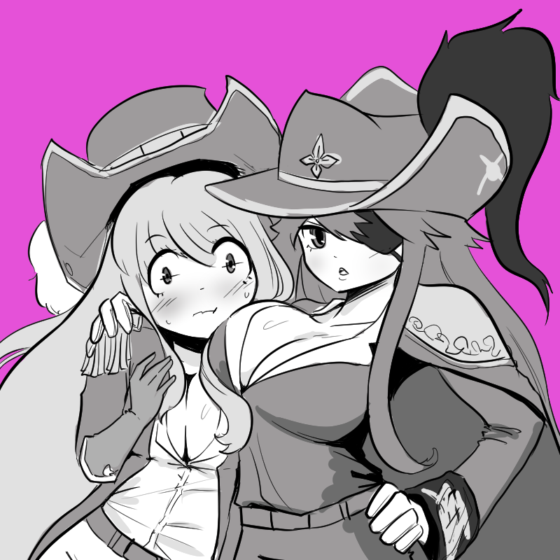 2girls :o :t artist_request asymmetrical_docking bangs blush breast_press breasts cleavage closed_mouth collarbone cowboy_hat crusaders_quest elbow_gloves elbow_pads epaulettes eyebrows_visible_through_hair eyepatch gloves greyscale hand_on_another's_shoulder hand_on_hip hat hat_ornament large_breasts long_hair long_sleeves looking_at_viewer mole mole_under_eye monochrome multiple_girls one_eye_covered open_mouth pink_background pirate simple_background small_breasts sweat tareme tsurime unaligned_breasts upper_body western