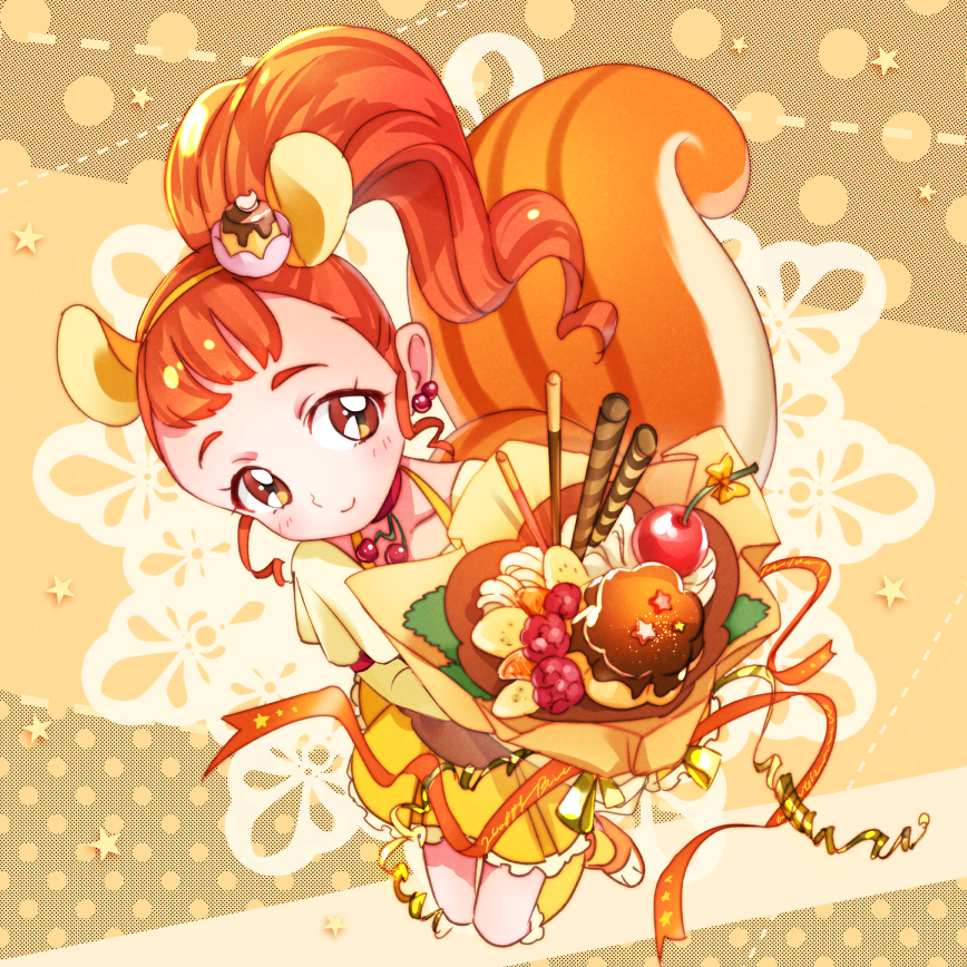 1girl animal_ears arisugawa_himari banana_slice brown_background brown_eyes brown_hair cherry cure_custard earrings extra_ears food food_themed_hair_ornament fruit full_body hair_ornament jewelry kirakira_precure_a_la_mode kneehighs looking_at_viewer magical_girl orange_ribbon orange_shoes pocky ponytail precure pudding red_choker ribbon shoes short_hair skirt smile solo squirrel_ears squirrel_tail tail urbandusk whipped_cream yellow_hairband yellow_legwear yellow_ribbon yellow_skirt