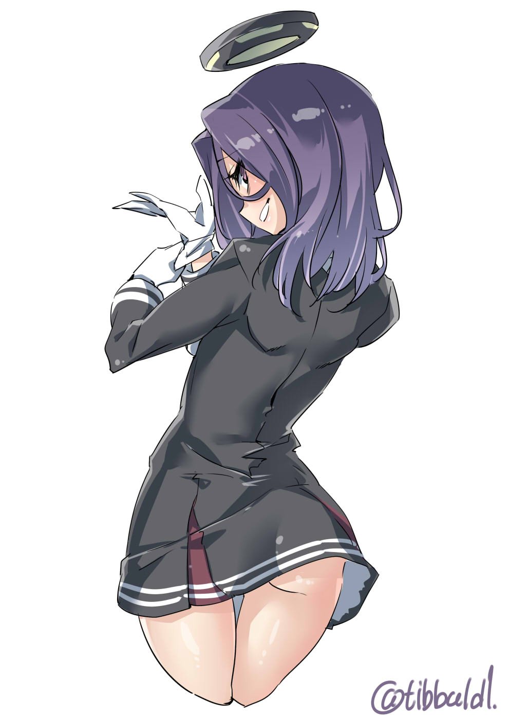 1girl adjusting_clothes adjusting_gloves ass back black_dress cowboy_shot cropped_legs dress ebifurya from_behind gloves hair_between_eyes highres kantai_collection long_sleeves looking_at_viewer looking_back mechanical_halo open_mouth profile purple_hair simple_background smile solo tatsuta_(kantai_collection) thigh_gap twitter_username violet_eyes white_background white_gloves