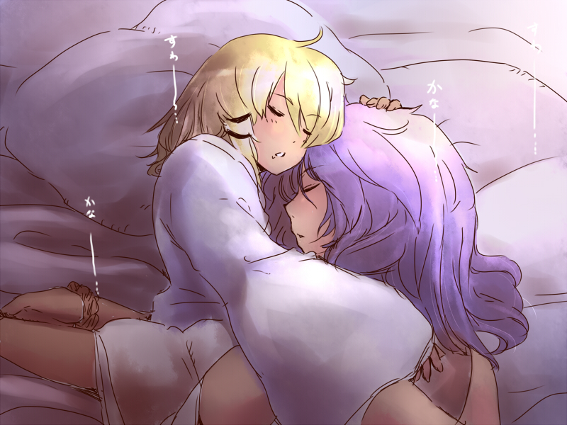 2girls bed blonde_hair closed_eyes cuddling moriya_suwako multiple_girls pillow purple_hair short_hair sleeping tobisawa touhou yasaka_kanako yuri