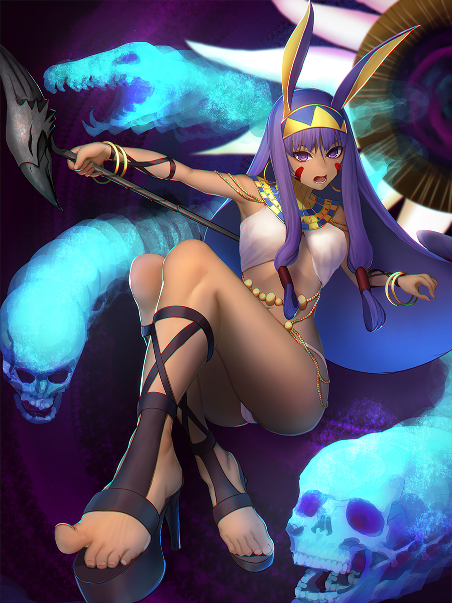 &gt;:o 1girl :o animal_ears armpits aura bangs bracelet breasts dark_skin earrings egyptian egyptian_clothes facial_mark fate/grand_order fate_(series) feet foreshortening full_body gold hair_tubes hairband high_heels holding holding_staff hoop_earrings jewelry long_hair looking_at_viewer medium_breasts minami_koyogi navel nitocris_(fate/grand_order) open_mouth panties purple_hair sidelocks skull solo staff stomach toes underwear very_long_hair violet_eyes white_panties