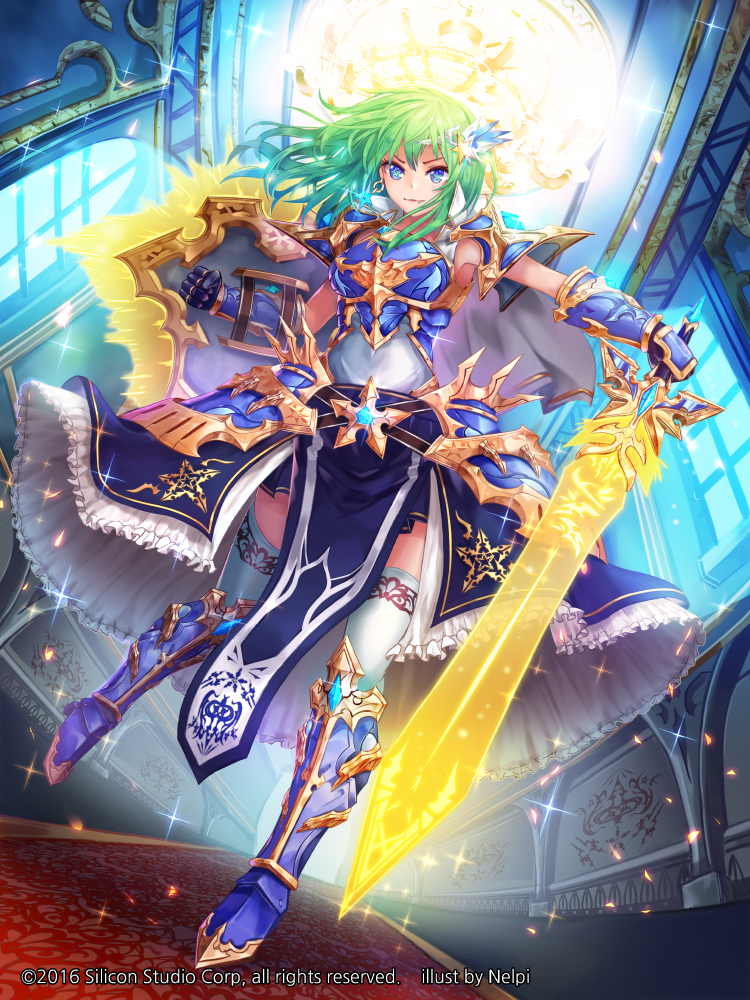 1girl armor armored_boots artist_name blue_eyes boots company_name covered_navel earrings fang full_body gloves green_hair gyakushuu_no_fantasica hair_ornament jewelry long_hair nell_p official_art shield solo sparkle star star-shaped_pupils star_hair_ornament sword symbol-shaped_pupils thigh-highs weapon window