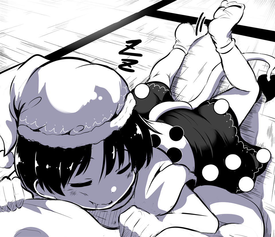1girl bangs capelet closed_eyes closed_mouth commentary_request doremy_sweet drooling full_body greyscale hair_between_eyes hat lolimate lying monochrome motion_lines no_shoes on_back pom_pom_(clothes) saliva sleeping socks solo tail tapir_tail touhou zzz