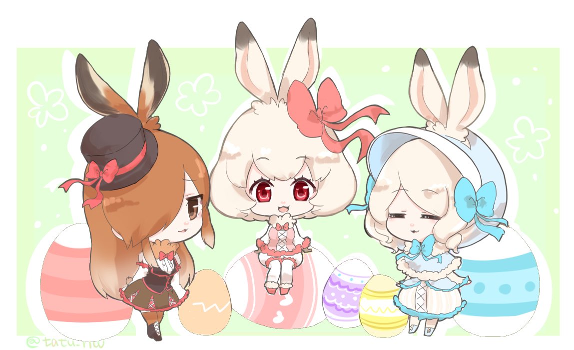 3girls :3 =_= adapted_costume animal_ears arctic_hare_(kemono_friends) arms_at_sides bangs black_boots black_footwear black_hat blonde_hair blue_boots blue_ribbon blush bonnet boots border bow bowtie brown_eyes brown_gloves brown_hair brown_legwear bunny_tail buttons capelet chibi closed_eyes collar cross-laced_clothes cross-laced_footwear dress easter easter_egg egg european_hare_(kemono_friends) eyebrow_twitching eyebrows eyebrows_visible_through_hair facing_away floral_background frilled_shirt frills full_body fur-trimmed_boots fur-trimmed_capelet fur-trimmed_shorts fur-trimmed_sleeves fur_collar fur_trim gloves gradient_hair green_background hair_ornament hair_over_one_eye hair_ribbon hat hat_ribbon heart heart_print horizontal_stripes jitome juliet_sleeves kemono_friends knee_boots long_hair long_sleeves looking_at_viewer mini_hat mini_top_hat mountain_hare_(kemono_friends) multicolored_hair multiple_girls neck_ribbon open_mouth pantyhose pantyhose_under_shorts pink_boots pink_bow pink_bowtie puffy_shorts puffy_sleeves rabbit_ears red_ribbon ribbon ringlets shiny shiny_skin shirt short_hair shorts sitting smile smug standing striped swept_bangs tail tareme tatu_nw thigh-highs top_hat twitter_username two-tone_hair white_border white_hair white_legwear white_shirt white_shorts