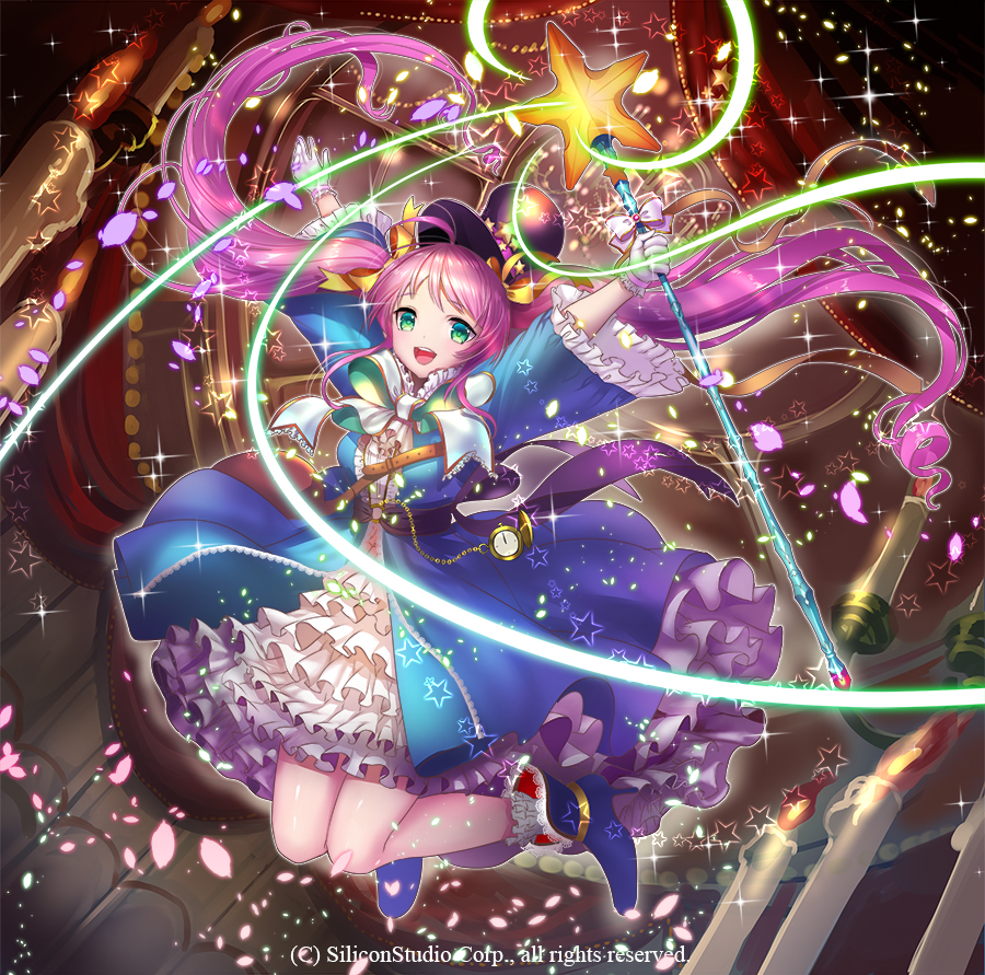 1girl boots bow bowtie candle company_name curtains full_body gloves green_eyes gyakushuu_no_fantasica hat high_heel_boots high_heels long_hair miyano_akihiro official_art open_mouth petals pink_hair solo staff star teeth very_long_hair watch