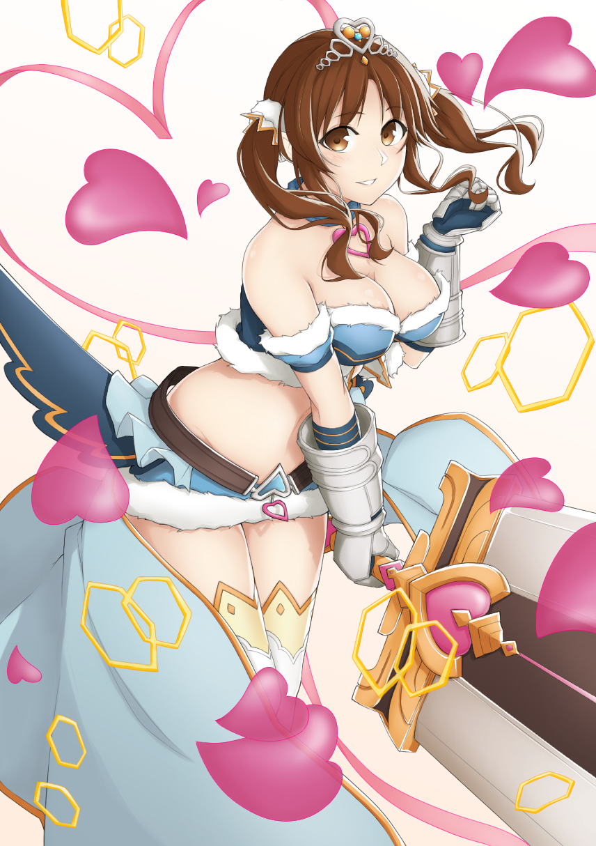 1girl bandeau bangs bare_shoulders belt blue_ribbon blue_skirt boots breasts brown_eyes brown_hair choker cleavage detached_sleeves fur-trimmed_sleeves fur_trim gauntlets gem granblue_fantasy greaves heart heart_choker highres idolmaster idolmaster_cinderella_girls kirou_(kiruyuu1210) large_breasts leaning_forward long_hair looking_at_viewer miniskirt neck_ribbon parted_lips puffy_detached_sleeves puffy_sleeves ribbon ribbon_choker skirt smile solo sword thigh-highs thigh_boots tiara totoki_airi twintails weapon