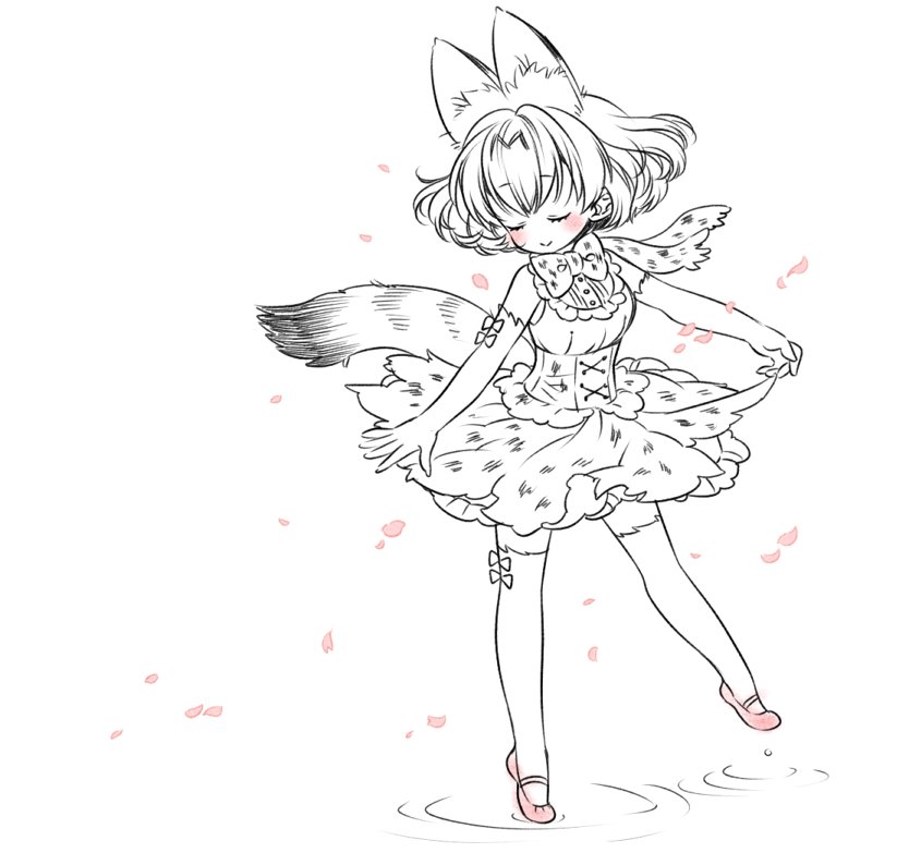 1girl animal_ears ballerina ballet bare_shoulders blush bow bowtie buttons closed_eyes cross-laced_clothes dancing elbow_gloves embellished_costume eyebrows_visible_through_hair eyelashes facing_away frills full_body gloves holding_skirt kemono_friends no_nose one_leg_raised outdoors outstretched_arm petals puddle serval_(kemono_friends) serval_ears serval_print serval_tail short_hair simple_background skirt sleeveless smile solo spot_color standing standing_on_one_leg striped_tail sumachii tail thigh-highs underbust water white_background white_skin wind zettai_ryouiki