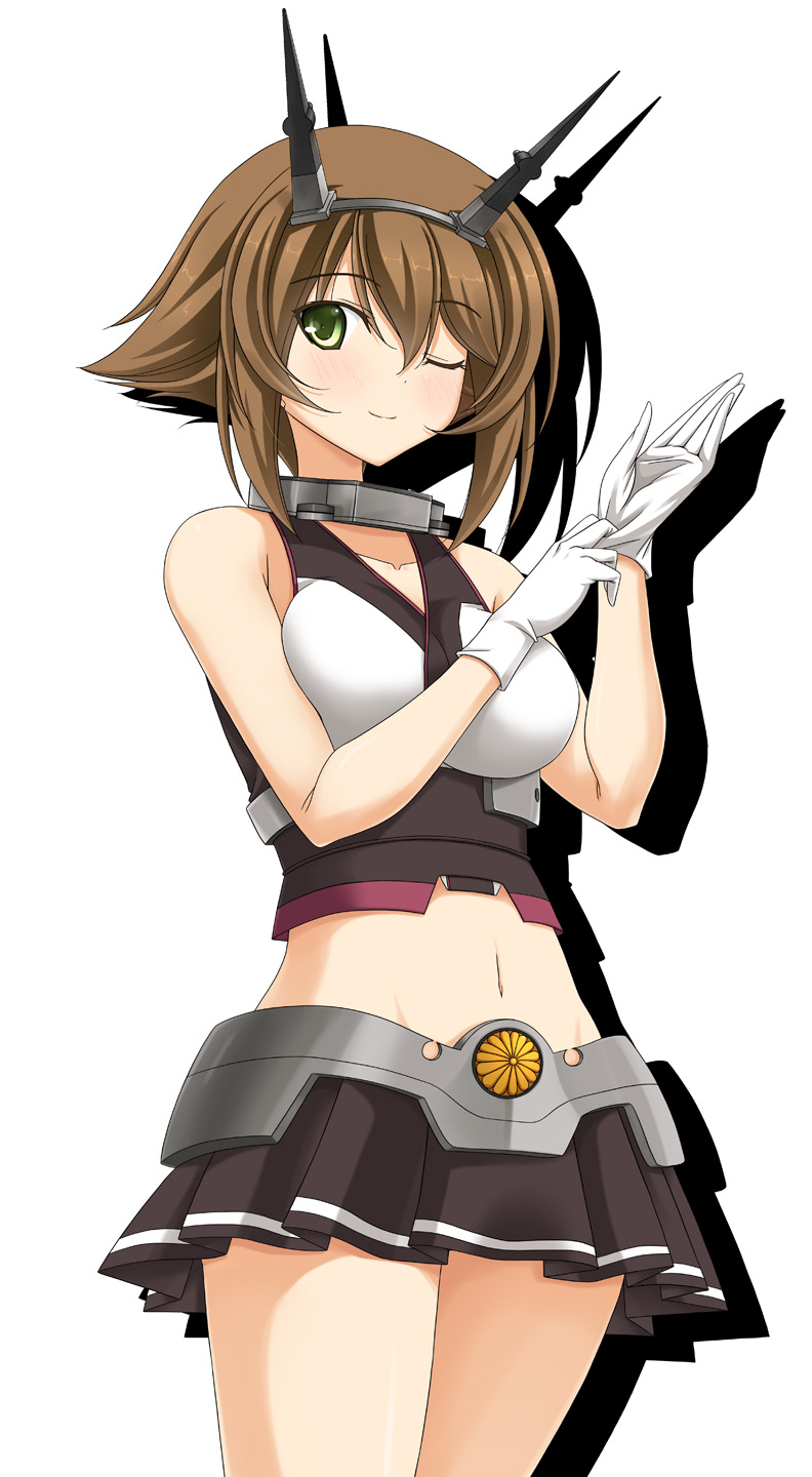 1girl adjusting_clothes adjusting_gloves breasts brown_hair collar commentary_request crop_top gloves green_eyes hair_between_eyes hand_up headgear highres kantai_collection large_breasts looking_at_viewer midriff miniskirt mutsu_(kantai_collection) navel one_eye_closed pleated_skirt rappa_(rappaya) revision shadow short_hair sketch skirt smile solo white_background