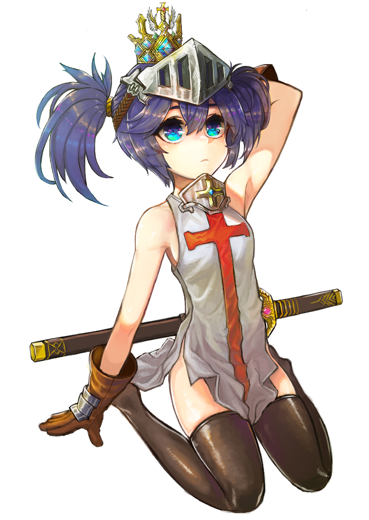 1girl arm_behind_head arm_support arm_up armpits arms_up artist_request bangs bare_arms bare_shoulders black_legwear blue_eyes blue_hair breasts brown_gloves character_request closed_mouth cross cross_print crown crusaders_quest dress expressionless feather_trim full_body gloves hair_tie helm helmet kneehighs knight looking_up no_shoes scabbard sheath sheathed shiny shiny_clothes shiny_hair short_hair side_slit sideboob simple_background sitting sleeveless sleeveless_dress small_breasts solo sword thigh-highs twintails visor_(armor) wariza weapon weapon_on_back white_background zettai_ryouiki