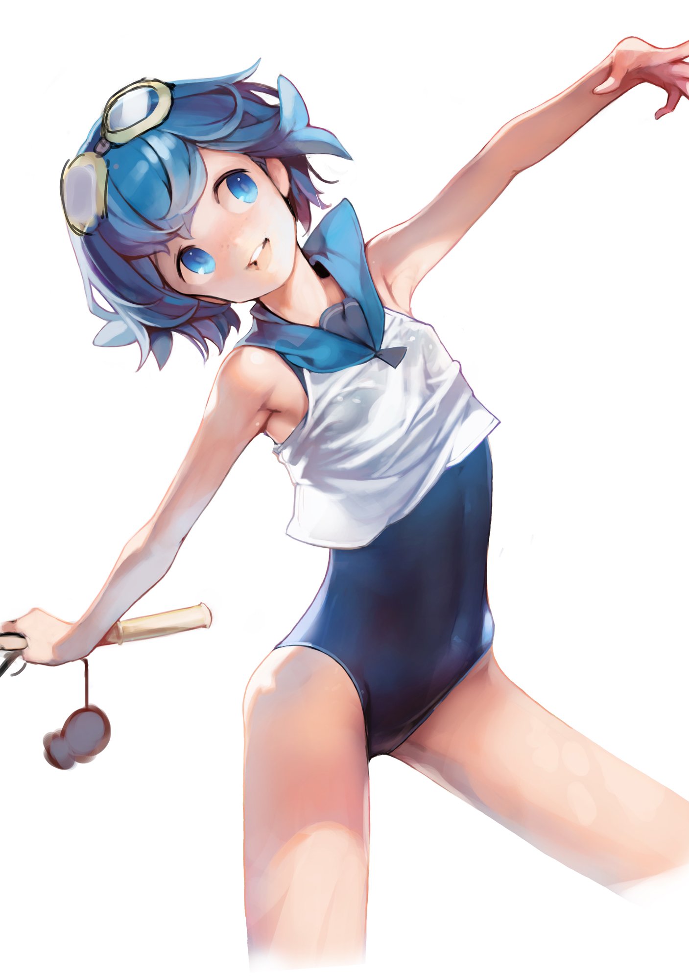 1girl :d ataruman bare_arms blue_eyes blue_hair blue_sailor_collar blue_swimsuit breasts crop_top fishing_rod flat_chest goggles goggles_on_head highres one-piece_swimsuit open_mouth outstretched_arms petite pokemon pokemon_(game) pokemon_sm sailor_collar short_hair simple_background sleeveless smile solo spread_arms suiren_(pokemon) swimsuit swimsuit_under_clothes trial_captain white_background