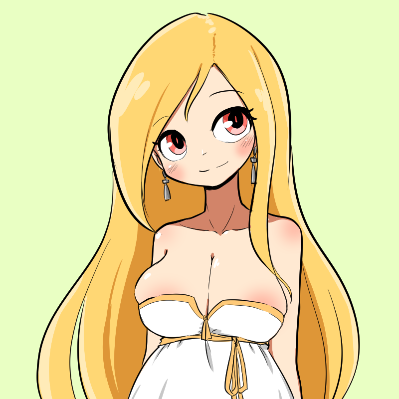 1girl artist_request bare_shoulders blonde_hair blush breasts cleavage crusaders_quest dress earrings jewelry large_breasts long_hair red_eyes sleeveless