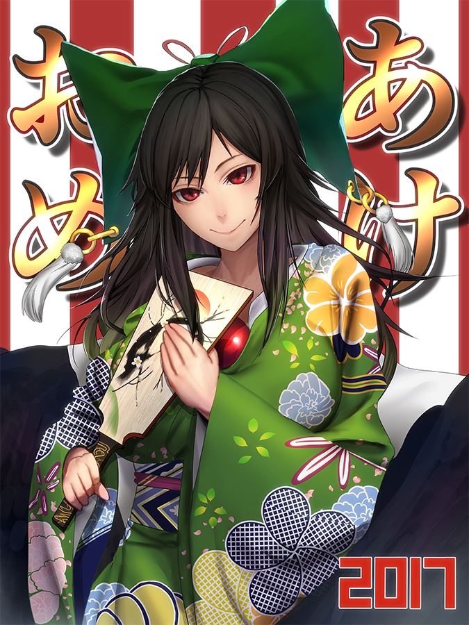 &gt;:) 1girl 2017 akeome alternate_costume black_hair black_wings bow breasts cape closed_mouth floral_print furisode green_bow hagoita hair_bow japanese_clothes kimono large_breasts long_hair long_sleeves minami_koyogi new_year obi paddle red_eyes reiuji_utsuho sash smile solo third_eye touhou upper_body wide_sleeves wings