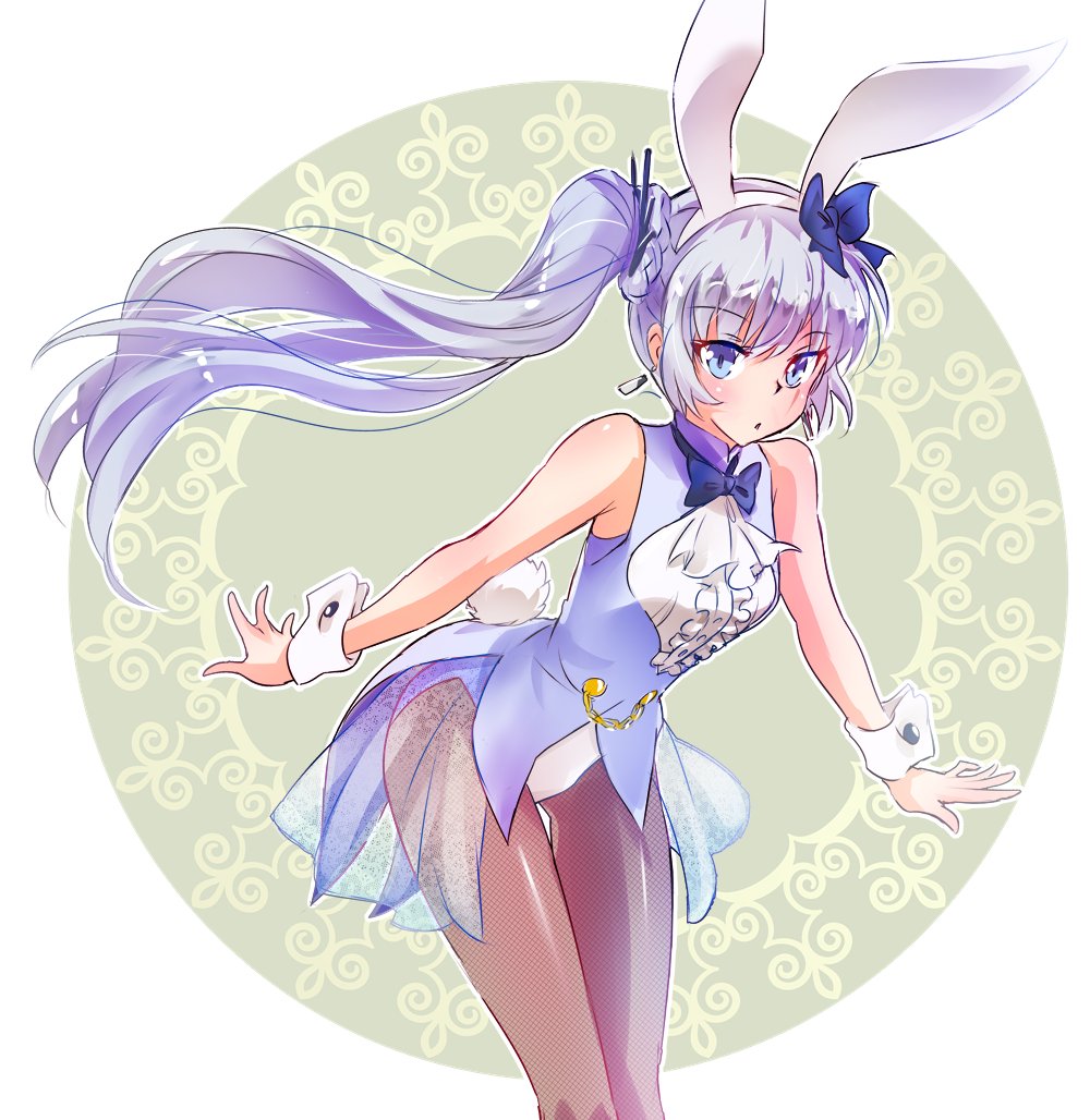 1girl animal_ears arms_at_sides bare_arms blue_eyes gluteal_fold iesupa long_hair neck_bow pantyhose rabbit_ears rwby scar scar_across_eye side_ponytail silver_hair solo weiss_schnee