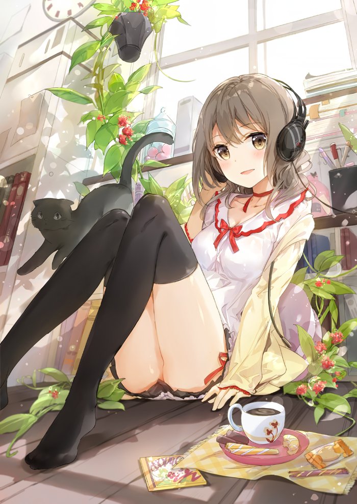1girl animal arm_at_side bangs black_cat black_legwear blouse blush book_stack bookshelf brown_eyes brown_hair cardigan cat cd_case choker clock coffee cup eyebrows_visible_through_hair fuumi_(radial_engine) grey_hair hand_on_headphones headphones indoors ivy jar knees_together_feet_apart long_sleeves looking_at_viewer miniskirt napkin neck_ribbon no_shoes on_floor open_cardigan open_clothes original parted_lips plant potted_plant red_ribbon ribbon ribbon_choker sailor_collar sitting skirt sleeves_past_wrists smile solo teacup thigh-highs thighs vines wafer_stick white_blouse window