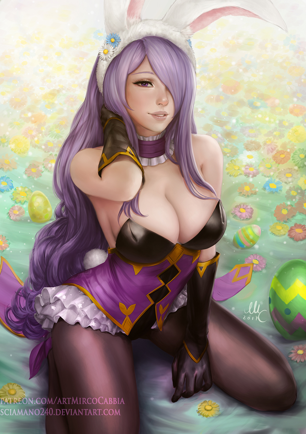 1girl adjusting_hair alternate_costume animal_ears black_gloves breasts bunny_tail camilla_(fire_emblem_if) choker cleavage easter_egg fire_emblem fire_emblem_heroes fire_emblem_if flower frilled_choker frills gloves hair_over_one_eye highres large_breasts long_hair looking_at_viewer mirco_cabbia pantyhose parted_lips purple_hair rabbit_ears seiza sitting smile solo tail violet_eyes