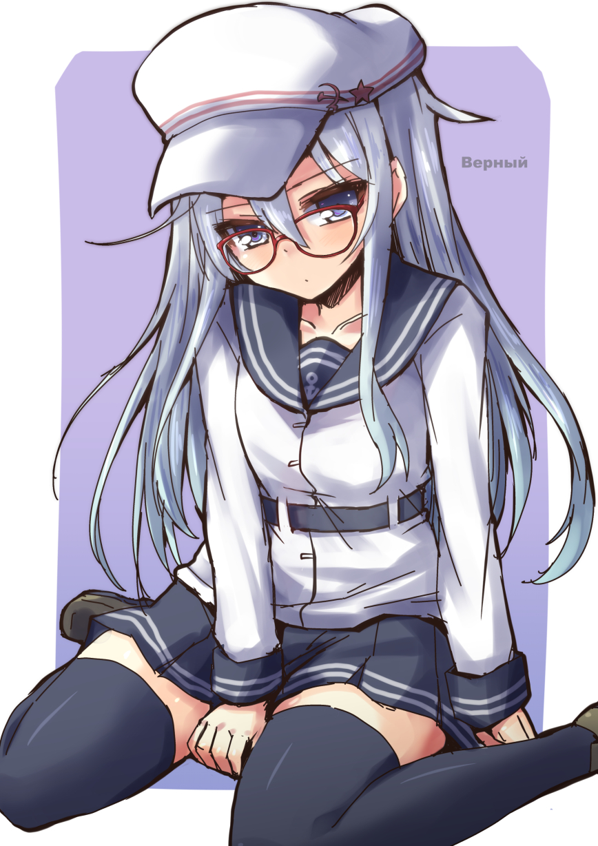 1girl anchor_symbol belt bespectacled blue_eyes character_name flat_cap glasses hammer_and_sickle hat hibiki_(kantai_collection) highres kantai_collection long_hair long_sleeves red-framed_eyewear red_star remodel_(kantai_collection) school_uniform serafuku shinshin shoes sitting sketch skirt solo thigh-highs verniy_(kantai_collection) wariza white_hair