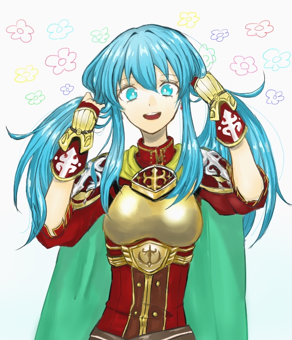 1girl aqua_eyes aqua_hair armor breastplate cape cute earrings eirika fingerless_gloves fire_emblem fire_emblem:_seima_no_kouseki fire_emblem:_the_sacred_stones flower gloves holding holding_hair intelligent_systems jewelry kankisen long_hair looking_at_viewer nintendo open_mouth simple_background smile solo super_smash_bros. traditional_media twintails upper_body white_background