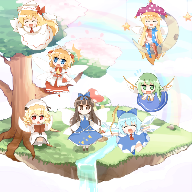 6+girls american_flag_dress american_flag_legwear ascot basket black_hair blonde_hair blue_dress blue_eyes blue_shoes blue_sky blush bow capelet cherry_blossoms cirno closed_eyes clouds clownpiece curly_hair daiyousei day dress drill_hair fairy fairy_wings flying flying_sweatdrops grass green_eyes green_hair hair_ribbon happy hat hat_bow headdress hime_cut ice ice_wings jester_cap kito_shi lily_white long_hair long_sleeves looking_at_viewer luna_child moon multiple_girls mushroom no_ribbon open_mouth outstretched_arms pantyhose petals rainbow red_dress red_eyes ribbon rock shoes side_ponytail sitting sky smile socks star star_print star_sapphire stream sun_(symbol) sunny_milk surprised touhou tree two_side_up very_long_hair water wavy_mouth white_dress wings worried