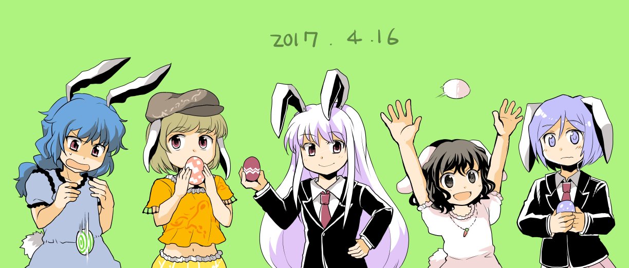 2017 5girls animal_ears blazer blonde_hair blue_dress blue_hair brown_eyes brown_hair bunny_tail carrot_necklace comic commentary_request dated dress dropping easter easter_egg hand_on_hip hand_up holding_egg inaba_tewi jacket light_brown_hair long_hair long_sleeves midriff multiple_girls navel necktie open_mouth orange_shirt pink_dress pink_hair pleated_skirt purple_hair rabbit_ears reisen reisen_udongein_inaba ringo_(touhou) seiran_(touhou) shaded_face shirt short_hair short_sleeves sidelocks skirt smile surprised tail tako_(plastic_protein) throwing touhou violet_eyes white_shirt yellow_skirt