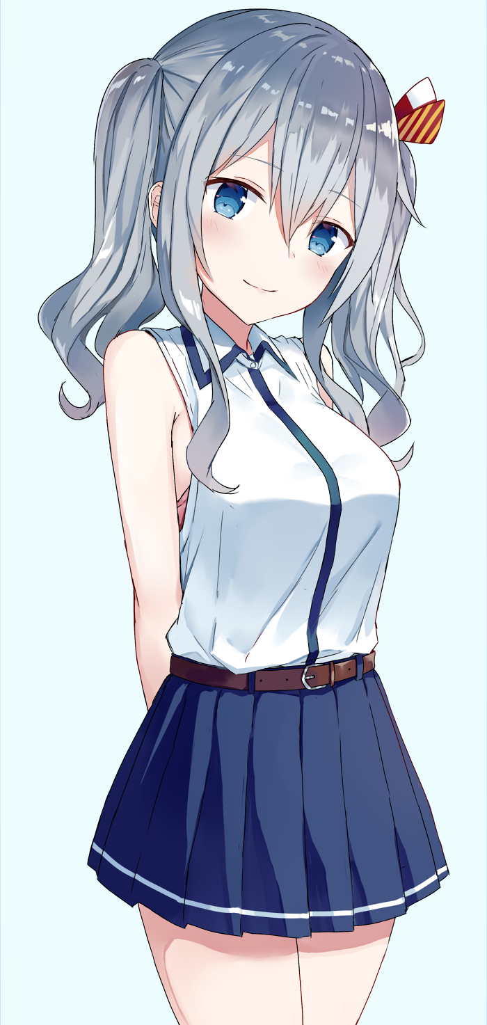 1girl arms_behind_back bare_arms bare_shoulders blue_eyes blush breasts casual hair_ornament highres kantai_collection kashima_(kantai_collection) long_hair looking_at_viewer medium_breasts pleated_skirt shikuro_(iorimiyakiyo) silver_hair skirt smile solo standing twintails wavy_hair