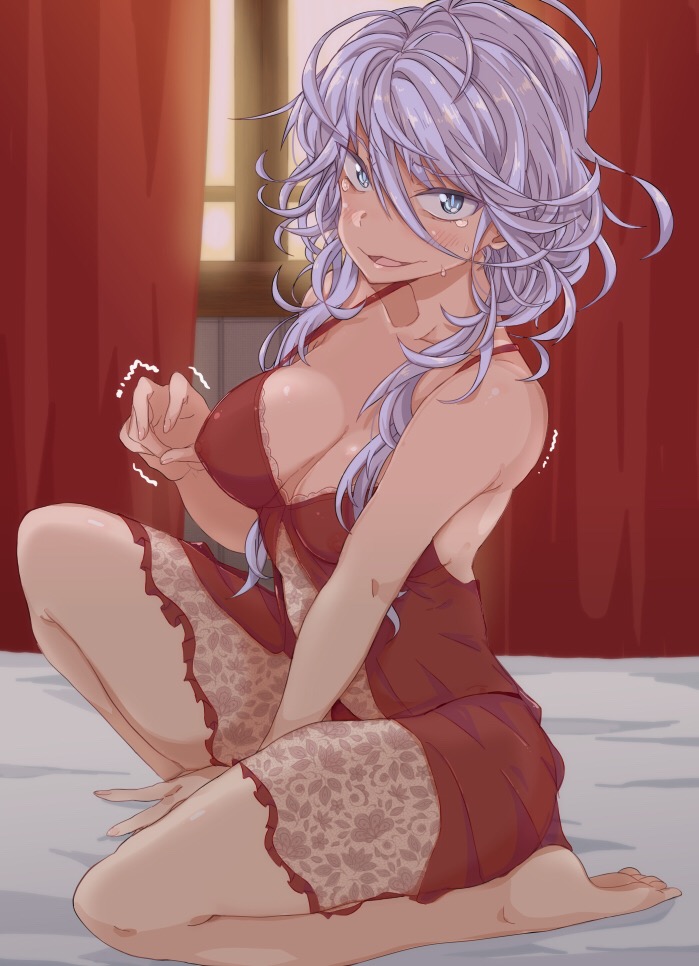 1girl armpit_peek bare_arms bare_shoulders barefoot blue_eyes blush breasts chemise cleavage collarbone erect_nipples from_side full_body large_breasts long_hair looking_at_viewer looking_to_the_side messy_hair on_bed parted_lips shiony_regis silver_hair smile solo super_robot_wars super_robot_wars_z2 sweat takemura_makoto_(hakushikei) tearing_up tears trembling wavy_hair