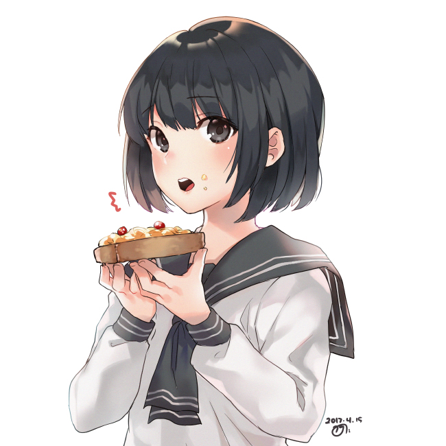 /\/\/\ 1girl :o bangs black_eyes black_hair black_neckerchief blunt_bangs blush butter copyright_request dated eyebrows_visible_through_hair food food_on_face holding holding_food long_sleeves looking_at_viewer naguri neckerchief open_mouth round_teeth school_uniform serafuku short_hair signature simple_background solo tareme teeth toast upper_body white_background