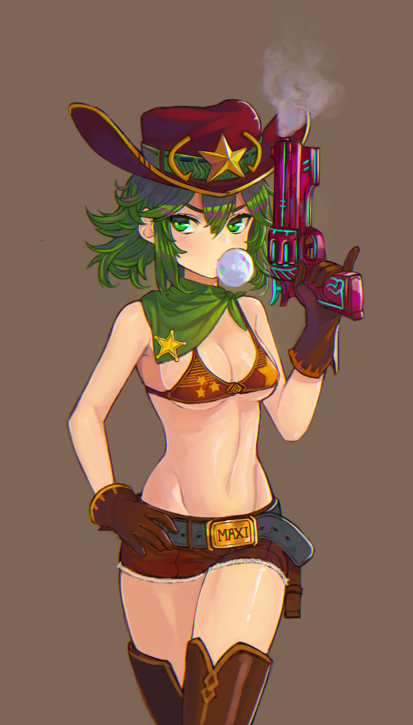 1girl armpits artist_request bare_arms bare_shoulders belt bikini_top blush breasts brown_background brown_gloves brown_legwear brown_shorts bubble_blowing chewing_gum cleavage clothes_writing cowboy_hat cowboy_shot crusaders_quest cutoffs erect_nipples gloves green_eyes green_hair gun hair_between_eyes hand_on_hip handgun hat highres holding holding_gun holding_weapon looking_at_viewer medium_breasts navel neckerchief red_hat revolver shiny shiny_skin short_hair short_shorts shorts simple_background smoke solo standing star star_print stomach thigh-highs trigger_discipline weapon western
