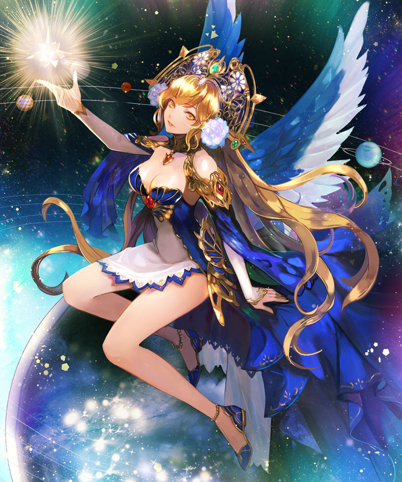 1girl anklet astarone breasts brown_eyes brown_hair cleavage crystal detached_sleeves from_side full_body glowing headgear jewelry large_breasts light_beam long_hair looking_at_viewer norse_mythology original parted_lips planet revision shingoku_no_valhalla_gate sitting smile solo verdandi very_long_hair wings