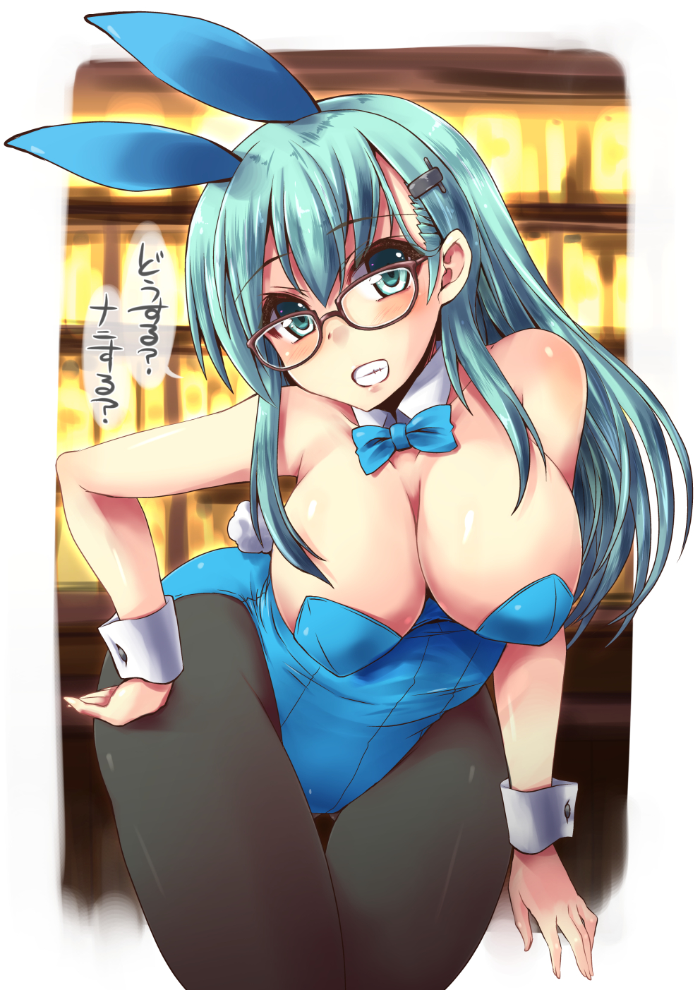 1girl animal_ears aqua_eyes aqua_hair bare_shoulders black_legwear blue_leotard bow bowtie breasts bunny_tail bunnysuit cleavage curvy detached_collar fake_animal_ears grin hair_ornament hairclip hand_on_hip highres kantai_collection large_breasts leaning_forward leotard long_hair looking_at_viewer pantyhose playboy_bunny_leotard rabbit_ears shinshin smile solo suzuya_(kantai_collection) tail text wide_hips wrist_cuffs