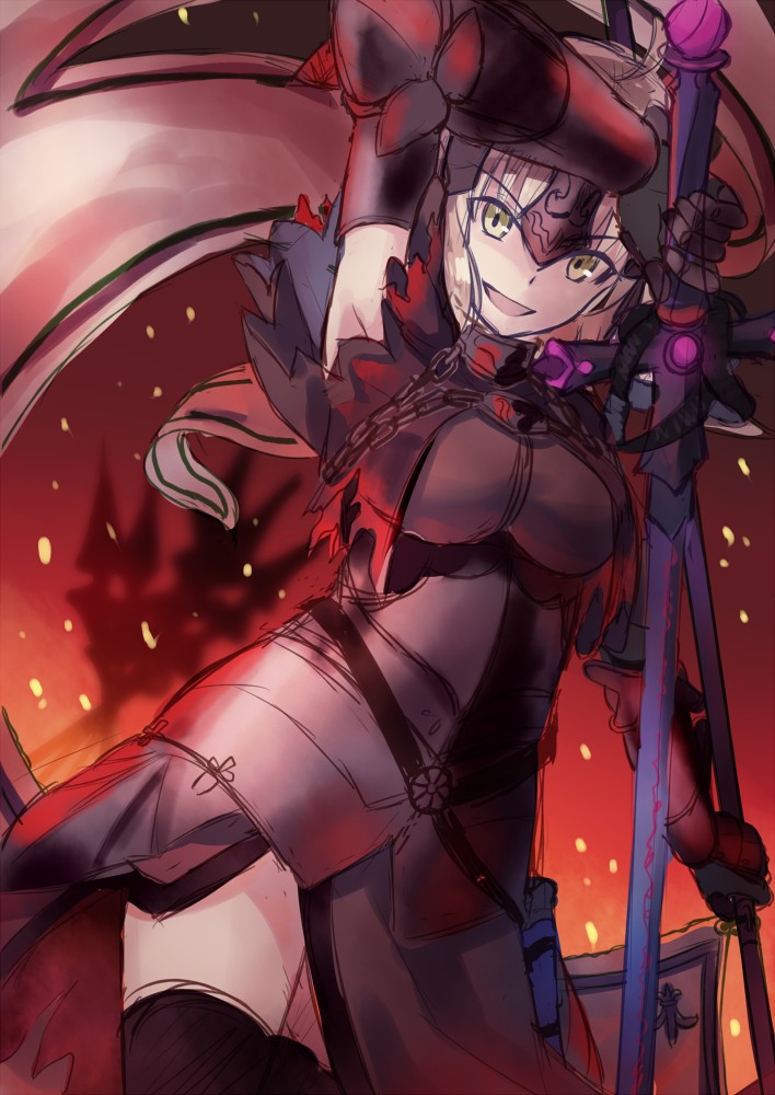 1girl arm_up bangs black_gloves black_legwear breasts chains cowboy_shot dutch_angle elbow_gloves eyebrows_visible_through_hair fate/grand_order fate_(series) gauntlets gloves headpiece holding holding_flag holding_sword holding_weapon jeanne_alter large_breasts looking_at_viewer nonono open_mouth ruler_(fate/apocrypha) sketch smile solo standard_bearer sword thigh-highs weapon