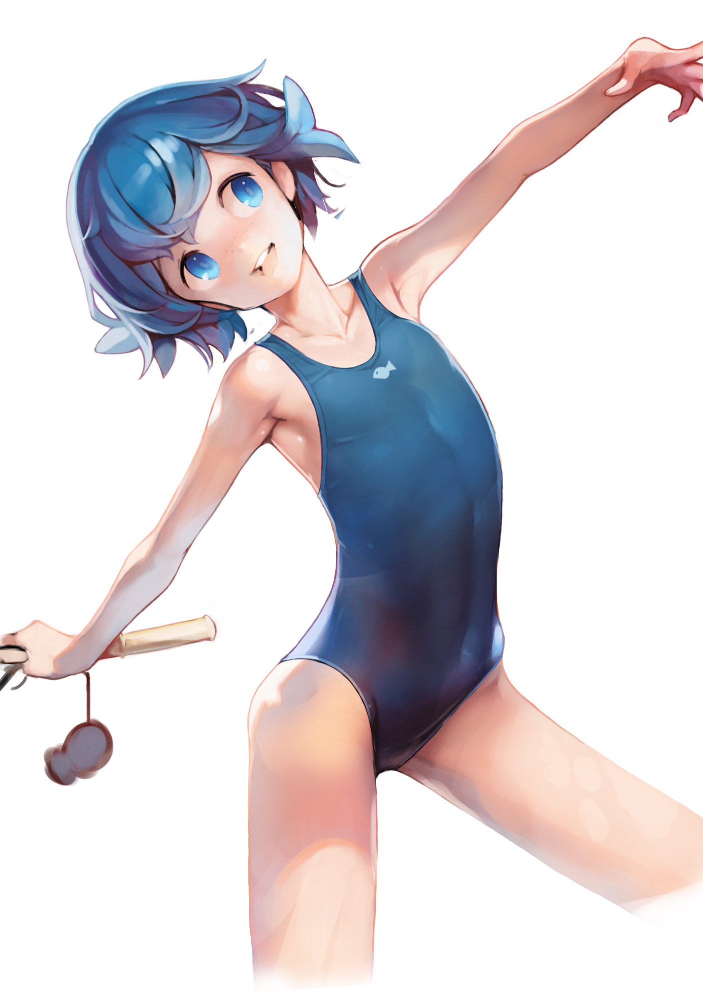 1girl :d ataruman bare_arms bare_shoulders blue_eyes blue_hair blue_swimsuit breasts collarbone fishing_rod flat_chest highres one-piece_swimsuit open_mouth outstretched_arms petite pokemon pokemon_(game) pokemon_sm short_hair simple_background smile solo spread_arms suiren_(pokemon) swimsuit trial_captain white_background