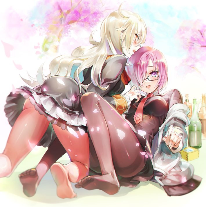 2girls :d ascot barefoot black_dress black_legwear blonde_hair bottle box breasts cherry_blossoms commentary_request convenient_leg dress fate/grand_order fate_(series) feet frilled_cuffs frilled_dress frills glasses hair_over_one_eye jacket kneeling leaning_back legs long_hair looking_at_viewer medium_breasts multiple_girls necktie nemusuke no_shoes off_shoulder olga_marie open_mouth orange_eyes outdoors pantyhose petals purple_hair reaching_out red_ascot red_legwear red_necktie shielder_(fate/grand_order) short_hair sitting smile soles thighband_pantyhose toes violet_eyes wavy_mouth white_hair