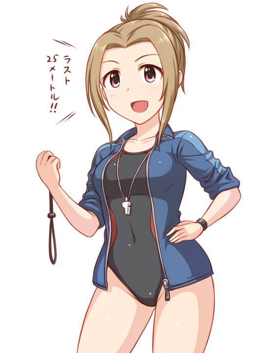 1girl blue_jacket brown_eyes brown_hair competition_swimsuit hand_on_hip idolmaster idolmaster_cinderella_girls jacket manabe_itsuki one-piece_swimsuit open_mouth pataniito ponytail short_hair simple_background solo stopwatch swimsuit watch whistle white_background