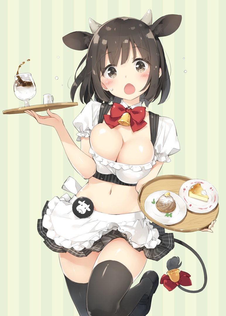 1girl :o animal_ears apron badge bell black_legwear blush bow bowtie breasts brown_eyes brown_hair button_badge cleavage cow_ears cow_girl cow_tail detached_collar extra_ears eyebrows_visible_through_hair flying_sweatdrops horns large_breasts leg_up loafers looking_at_viewer midriff navel open_mouth original peko pleated_skirt puffy_short_sleeves puffy_sleeves shoes short_sleeves simple_background skirt solo striped sweatdrop tail tail_bell tail_bow thigh-highs tray vertical-striped_background vertical_stripes waist_apron