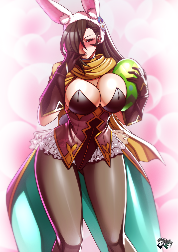 1girl abstract_background alternate_costume animal_ears black_hair blush breasts brown_eyes bursting_breasts cleavage easter_egg finger_to_mouth fire_emblem fire_emblem_heroes fire_emblem_if gloves jadenkaiba kagerou_(fire_emblem_if) large_breasts long_hair looking_at_viewer pantyhose rabbit_ears scarf solo thigh_gap thighs