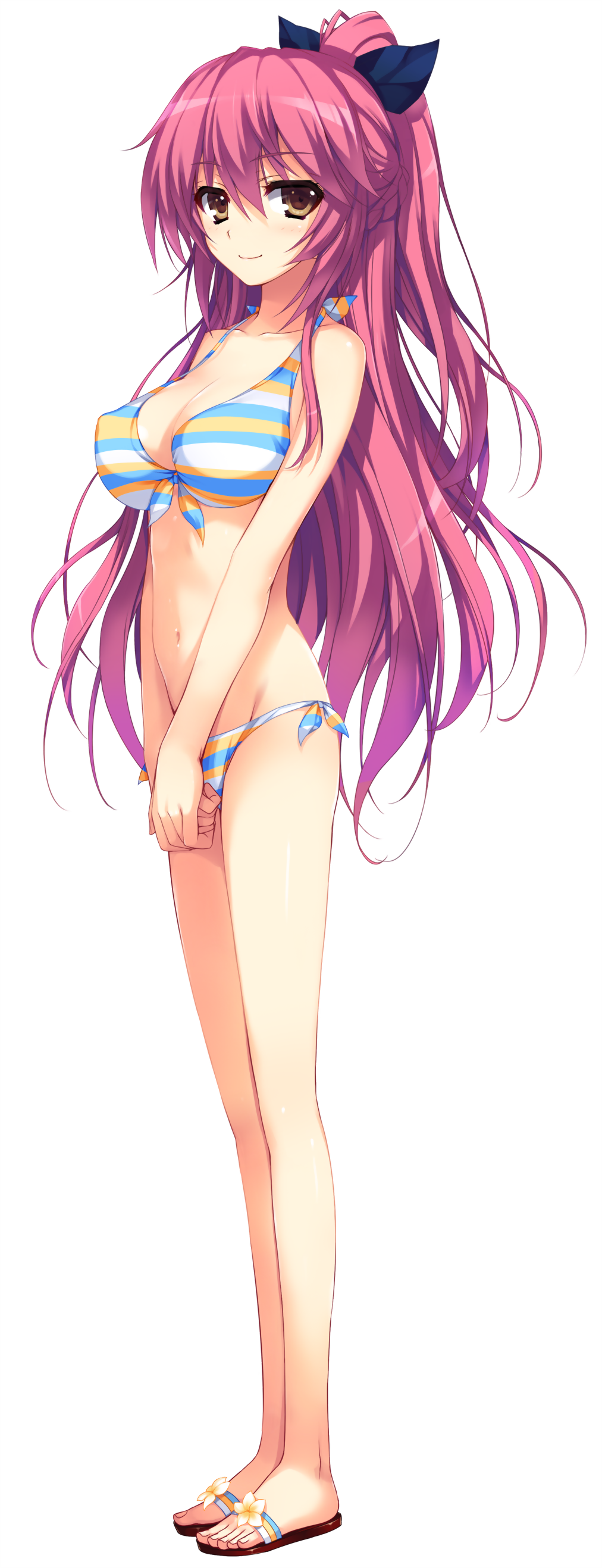 1girl absurdres akusera bangs bare_shoulders bikini breasts brown_eyes cleavage collarbone eyebrows_visible_through_hair feet front-tie_top full_body hands_together highres large_breasts long_hair looking_at_viewer navel pink_hair ponytail reminiscence sandals side-tie_bikini smile solo standing striped striped_bikini swimsuit tomose_shunsaku transparent_background very_long_hair