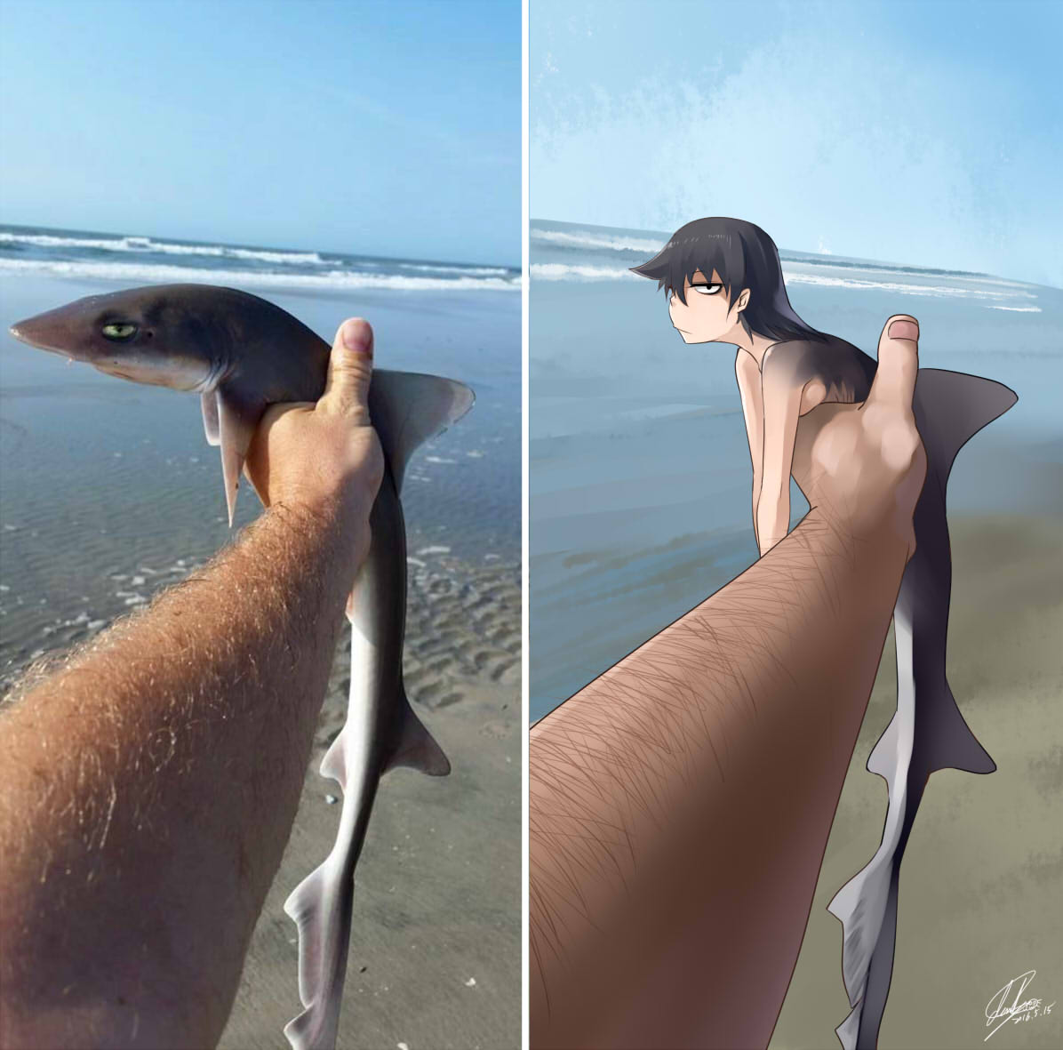 1boy 1girl animal arm_hair beach black_eyes black_hair blue_sky breast_press breasts darkmaya dated day fingernails glaring green_eyes holding jitome long_hair looking_at_viewer ocean outdoors outstretched_arm personification photo profile real_life reference_photo reference_photo_inset sand shark shark_girl shore sideboob signature sky solo sunlight unamused waves