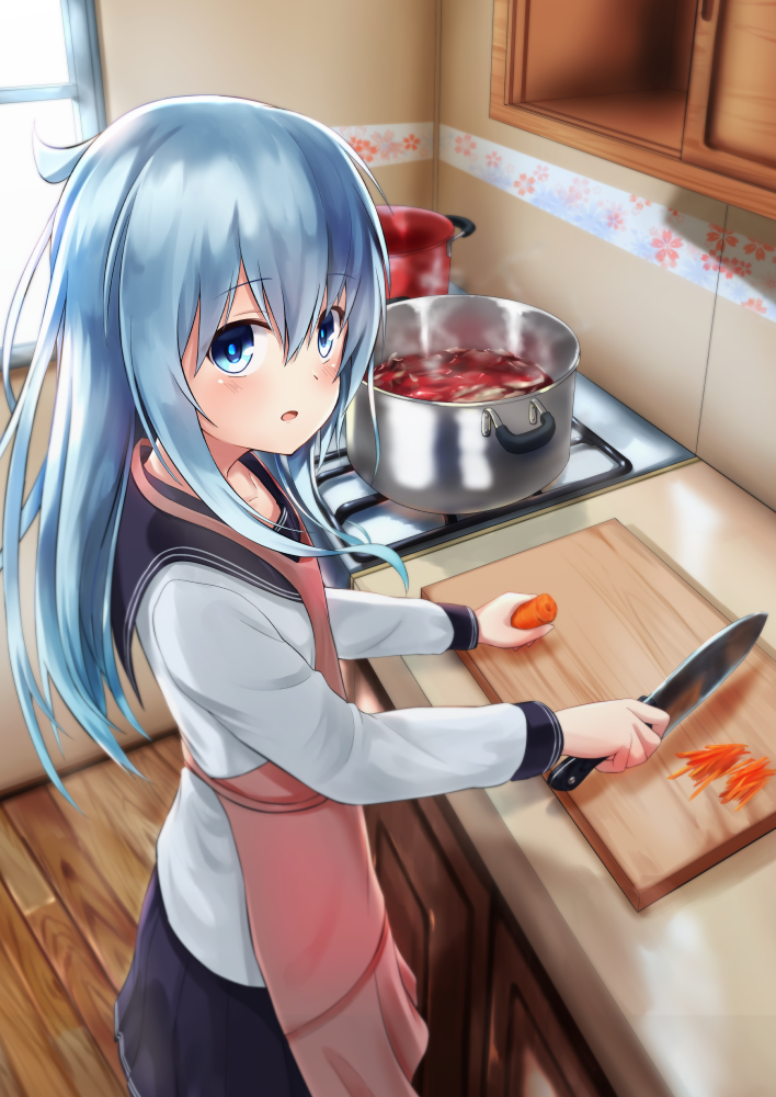 1girl :o akabane_hibame apron bangs black_skirt blue_eyes blue_hair borscht_(food) cabinet carrot cooking counter cutting_board eyebrows_visible_through_hair food from_above from_side hair_between_eyes hibiki_(kantai_collection) holding holding_food holding_knife indoors kantai_collection kitchen kitchen_knife knife long_hair long_sleeves looking_at_viewer looking_to_the_side open_mouth pink_apron pleated_skirt pot school_uniform serafuku shirt skirt solo stove verniy_(kantai_collection) white_shirt window wooden_floor
