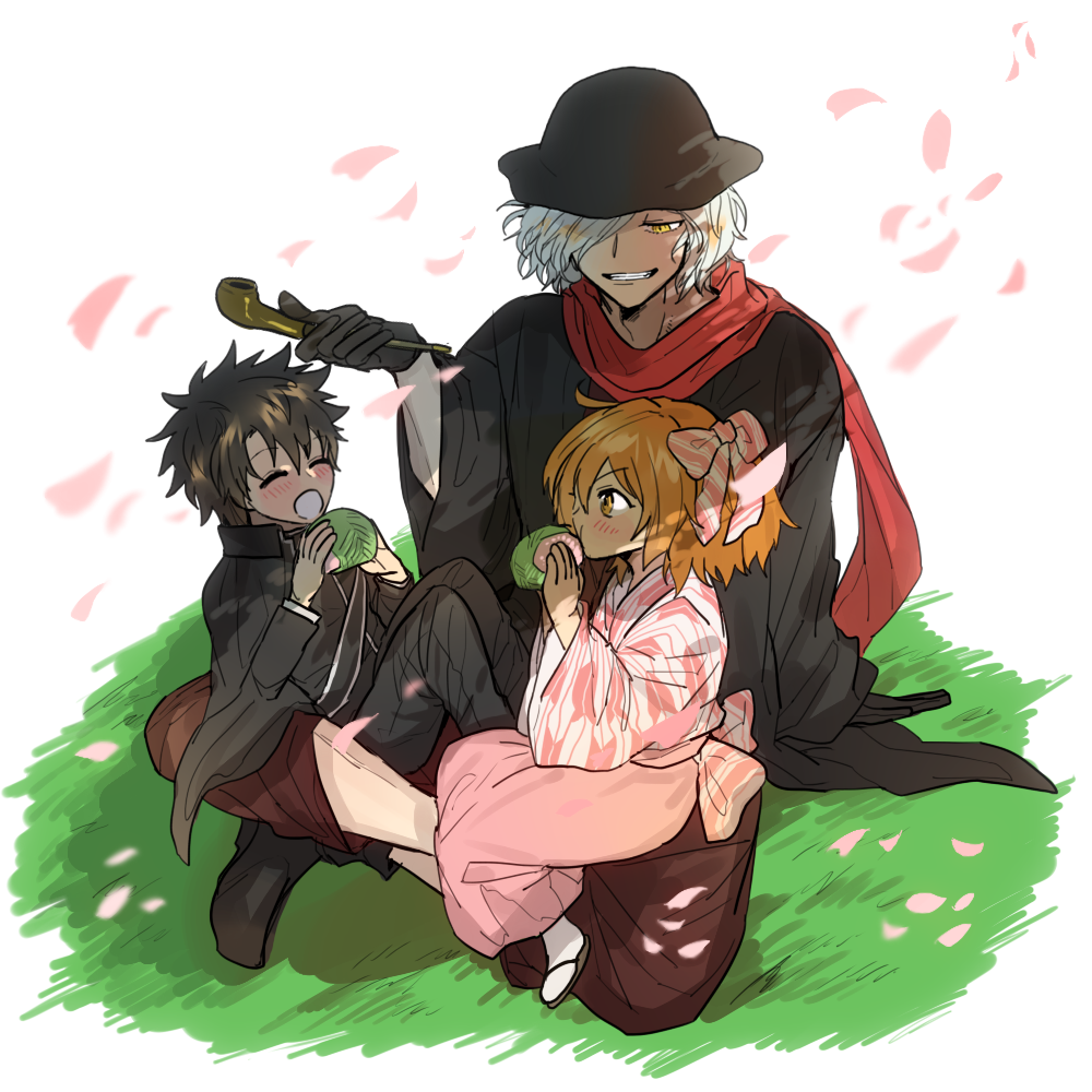 1girl 2boys child closed_eyes eating edmond_dantes_(fate/grand_order) fate/grand_order fate_(series) food fujimaru_ritsuka_(female) fujimaru_ritsuka_(male) gloves grass hair_ornament hair_over_one_eye hair_scrunchie hakama indian_style isaka japanese_clothes kimono kiseru looking_down meiji_schoolgirl_uniform multiple_boys pipe red_scarf sakura_mochi sash scarf scrunchie sitting sitting_on_lap sitting_on_person socks tabi wagashi wavy_hair wide_sleeves yagasuri yellow_eyes younger