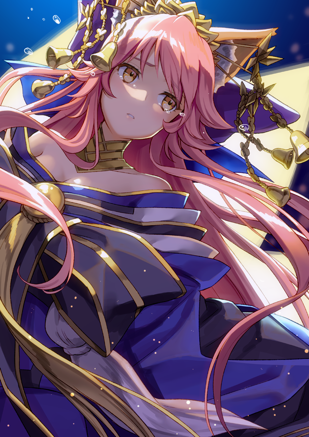 1girl animal_ears bell breasts cleavage collarbone fate/extra fate/extra_ccc fate/grand_order fate_(series) fox_ears fox_tail hair_ribbon japanese_clothes large_breasts long_hair multiple_tails ne-on outdoors pink_hair ribbon solo tail tamamo_(fate)_(all) tamamo_no_mae_(fate) tears very_long_hair yellow_eyes