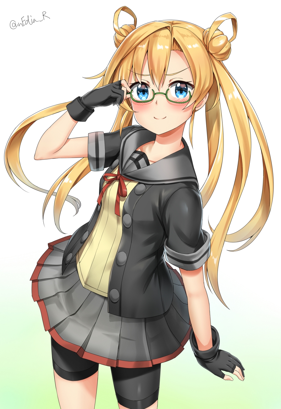 1girl abukuma_(kantai_collection) arm_at_side bespectacled bike_shorts blonde_hair blue_eyes blush buttons double_bun fingerless_gloves from_above glasses gloves green-framed_eyewear hair_between_eyes hair_rings highres kantai_collection long_hair looking_at_viewer nedia_r pleated_skirt remodel_(kantai_collection) school_uniform serafuku serious short_sleeves shorts_under_skirt skirt smile smug twintails
