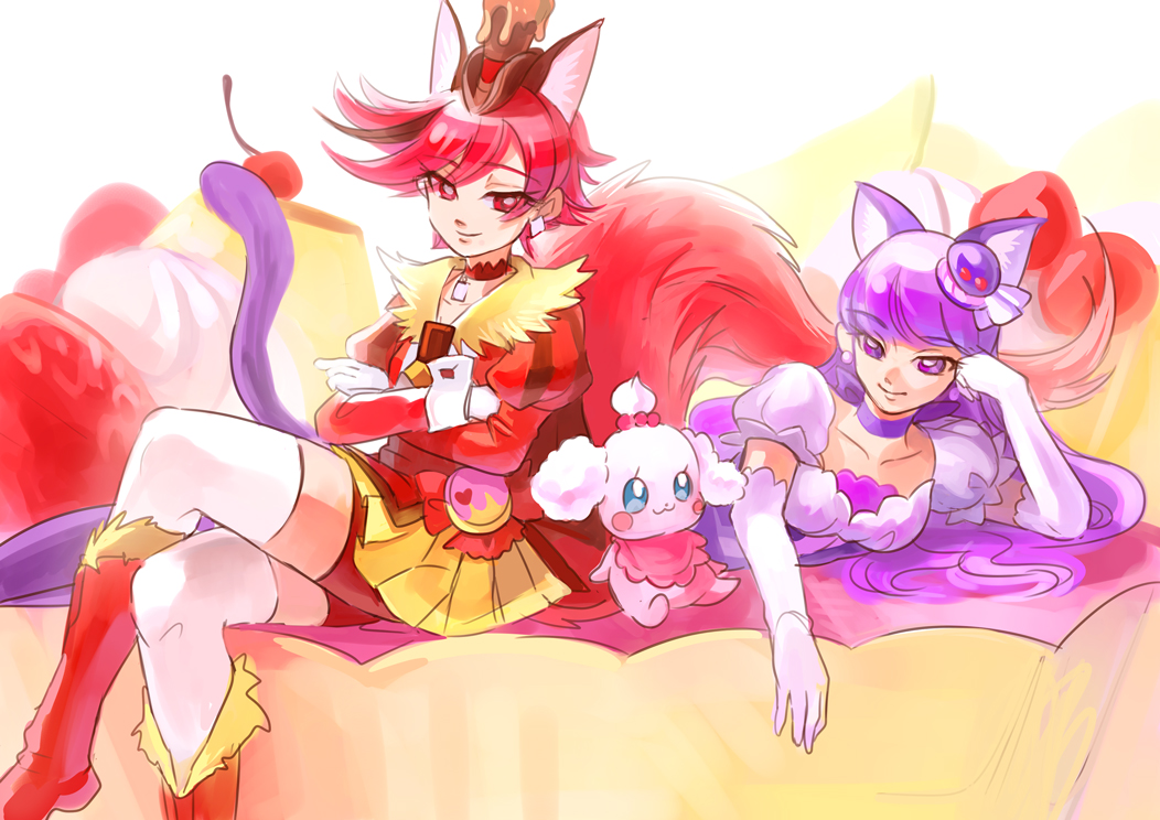 2girls animal_ears cat_ears cat_tail choker cure_chocolat cure_macaron dog_ears dog_tail earrings elbow_gloves extra_ears food_themed_hair_ornament gloves hair_ornament hat irimi_(irimino) jewelry juliet_sleeves kenjou_akira kirakira_precure_a_la_mode kotozume_yukari long_hair long_sleeves macaron_hair_ornament magical_girl multiple_girls pekorin_(precure) precure puffy_sleeves purple_choker purple_hair red_eyes redhead short_hair skirt smile tail violet_eyes white_gloves yellow_skirt