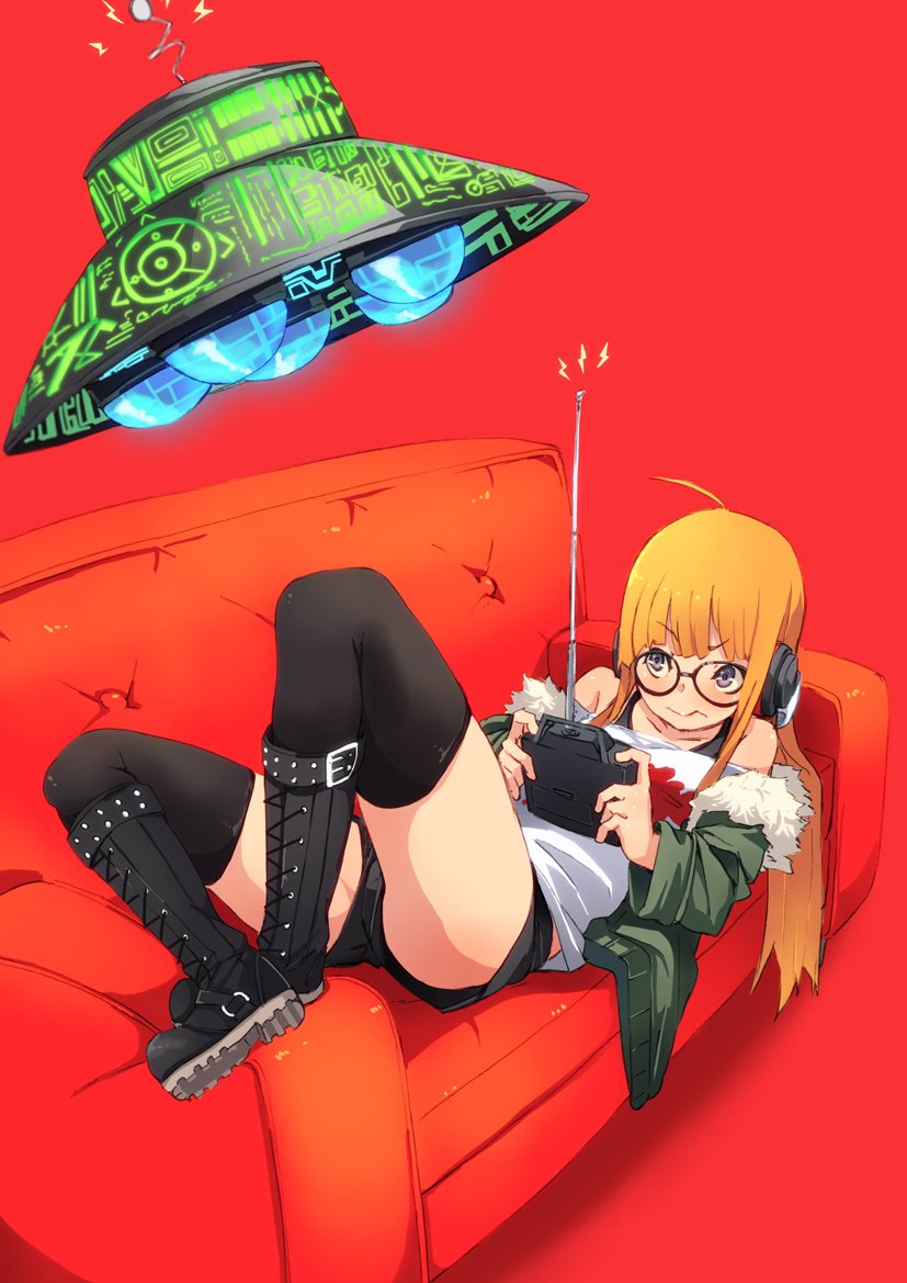 1girl ahoge black-framed_eyewear black_boots black_legwear boots brown_eyes controller couch cross-laced_footwear fu-ta fur_trim glasses green_jacket headphones jacket knees_up lace-up_boots long_hair long_sleeves lying necronomicon_(persona_5) off_shoulder on_back on_couch orange_hair persona persona_5 red_background remote_control sakura_futaba shirt shorts simple_background solo thigh-highs ufo wavy_mouth white_shirt